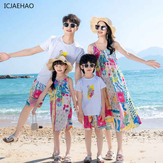 Mom Dad Daughter Son Family Matching Gentle Beach Sleeveless Dresses