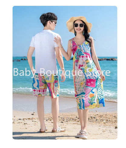 Mom Dad Daughter Son Family Matching Gentle Beach Sleeveless Dresses
