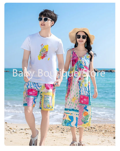 Mom Dad Daughter Son Family Matching Gentle Beach Sleeveless Dresses
