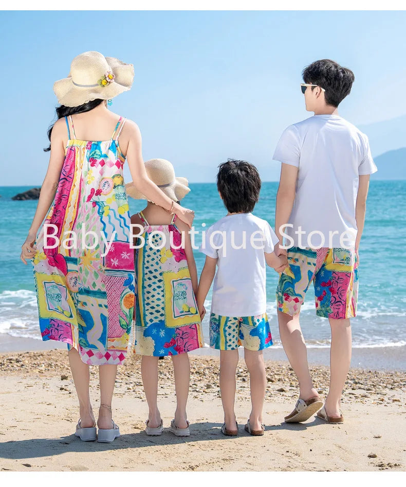 Mom Dad Daughter Son Family Matching Gentle Beach Sleeveless Dresses
