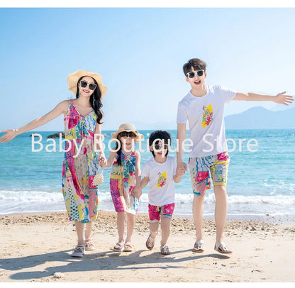 Mom Dad Daughter Son Family Matching Gentle Beach Sleeveless Dresses