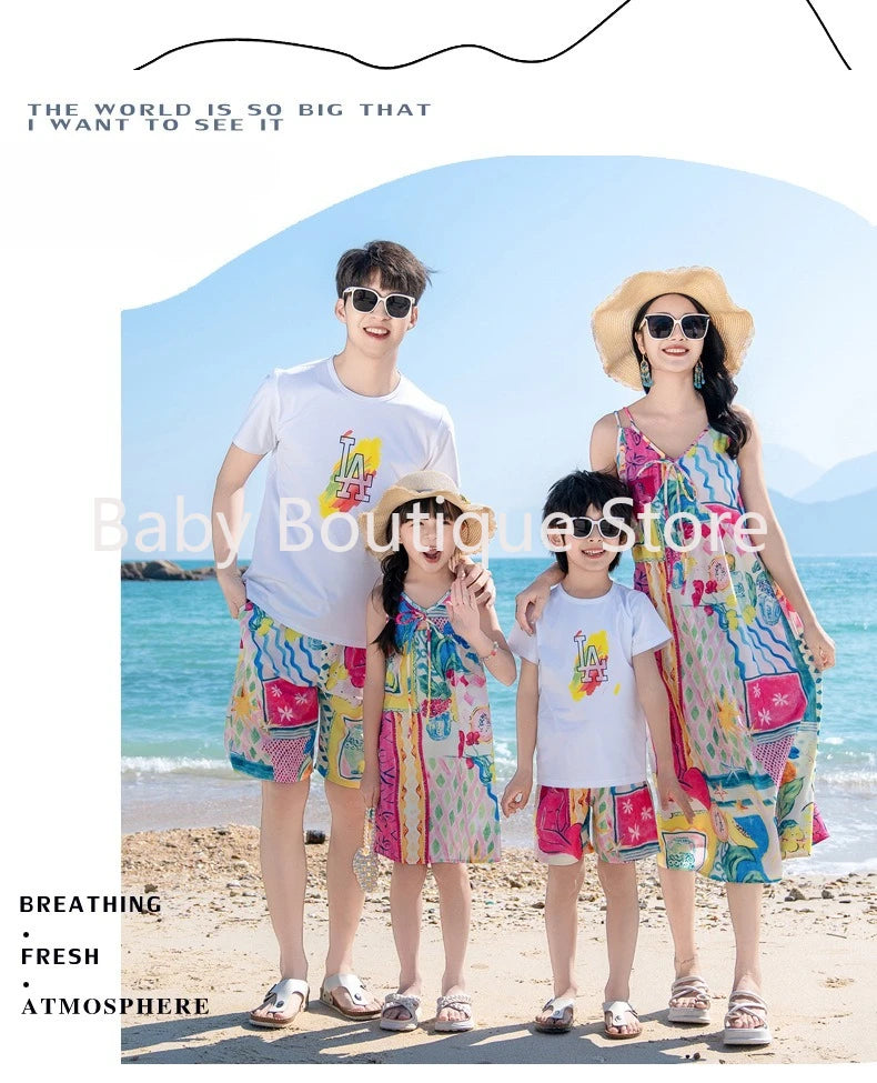 Mom Dad Daughter Son Family Matching Gentle Beach Sleeveless Dresses