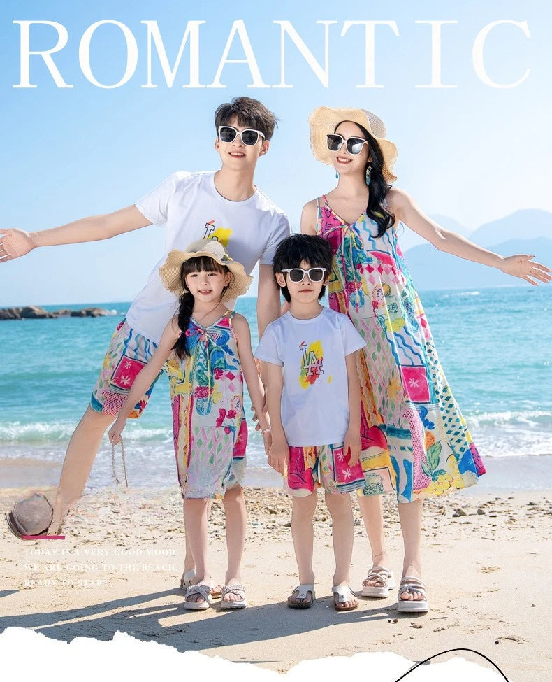 Mom Dad Daughter Son Family Matching Gentle Beach Sleeveless Dresses