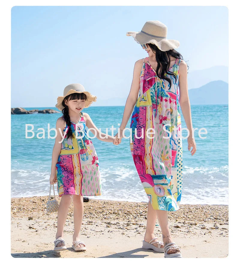 Mom Dad Daughter Son Family Matching Gentle Beach Sleeveless Dresses