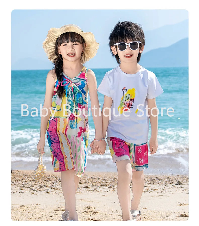 Mom Dad Daughter Son Family Matching Gentle Beach Sleeveless Dresses