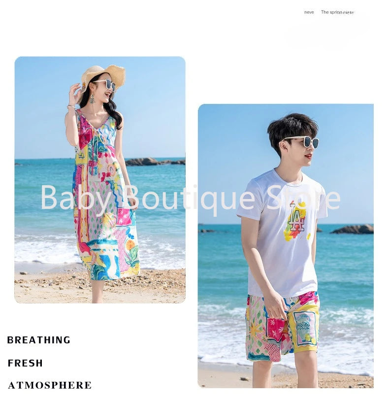 Mom Dad Daughter Son Family Matching Gentle Beach Sleeveless Dresses