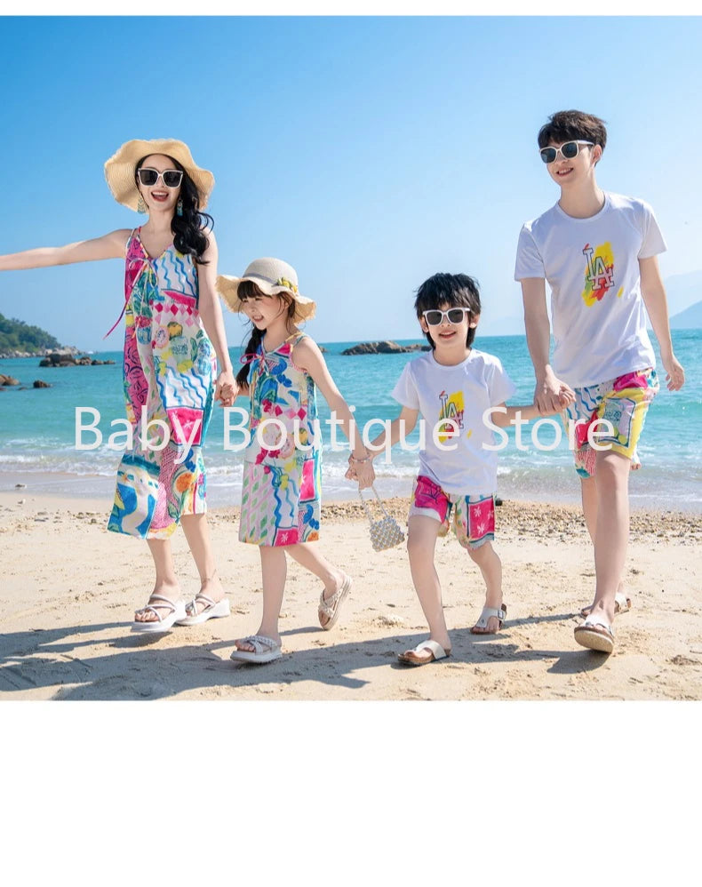 Mom Dad Daughter Son Family Matching Gentle Beach Sleeveless Dresses