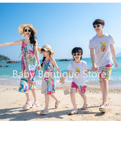 Mom Dad Daughter Son Family Matching Gentle Beach Sleeveless Dresses