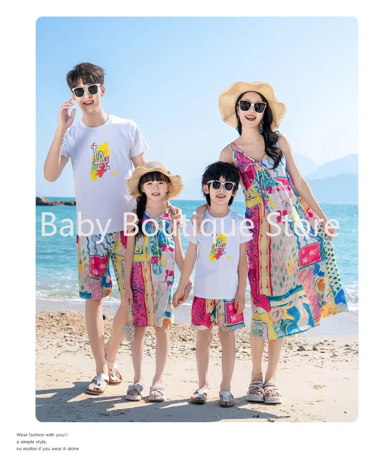 Mom Dad Daughter Son Family Matching Gentle Beach Sleeveless Dresses