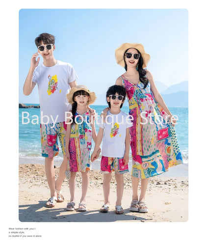 Mom Dad Daughter Son Family Matching Gentle Beach Sleeveless Dresses