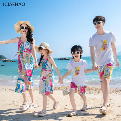 Mom Dad Daughter Son Family Matching Gentle Beach Sleeveless Dresses