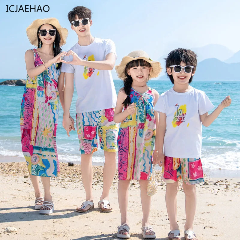 Mom Dad Daughter Son Family Matching Gentle Beach Sleeveless Dresses