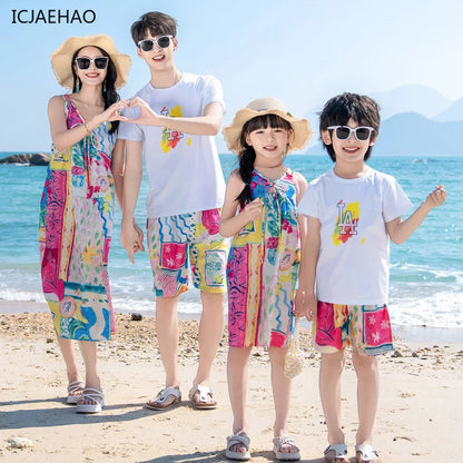 Mom Dad Daughter Son Family Matching Gentle Beach Sleeveless Dresses