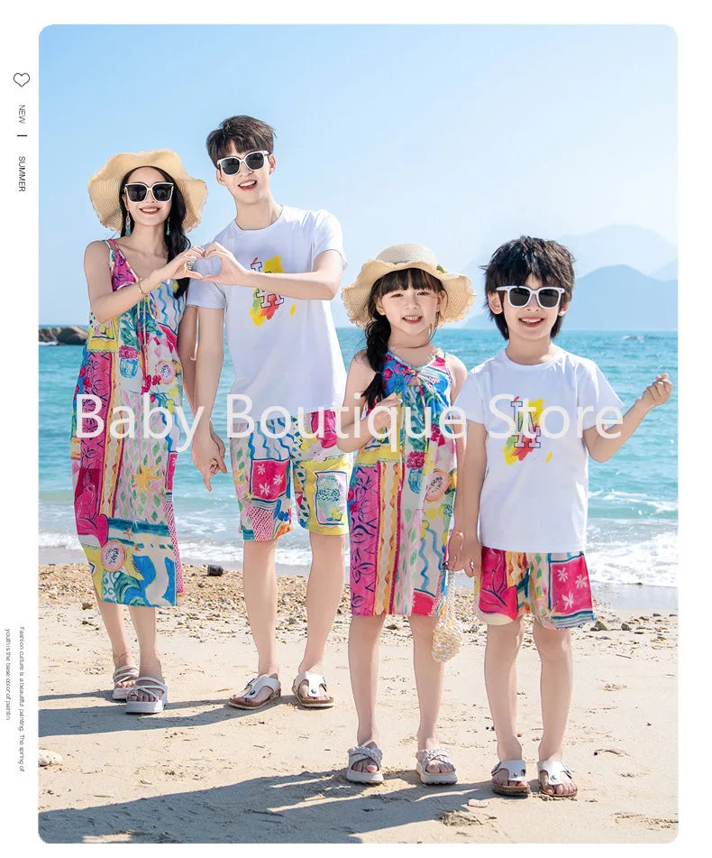 Mom Dad Daughter Son Family Matching Gentle Beach Sleeveless Dresses