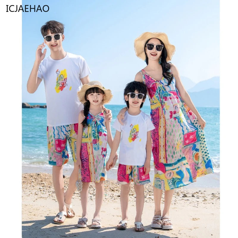 Mom Dad Daughter Son Family Matching Gentle Beach Sleeveless Dresses