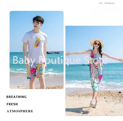 Mom Dad Daughter Son Family Matching Gentle Beach Sleeveless Dresses