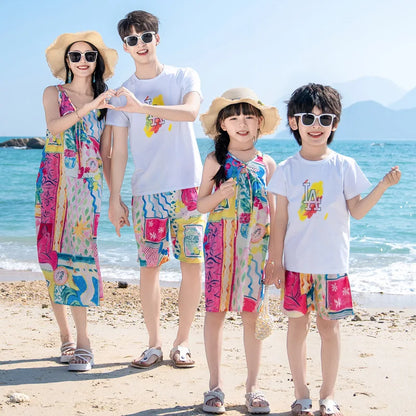 Mom Dad Daughter Son Family Matching Gentle Beach Sleeveless Dresses